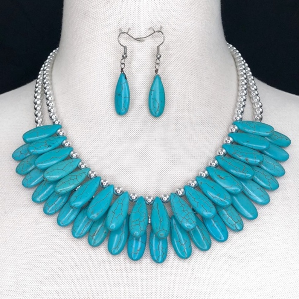 2 Row Turquoise Stone Teardrop Flair Necklace Earrings Set